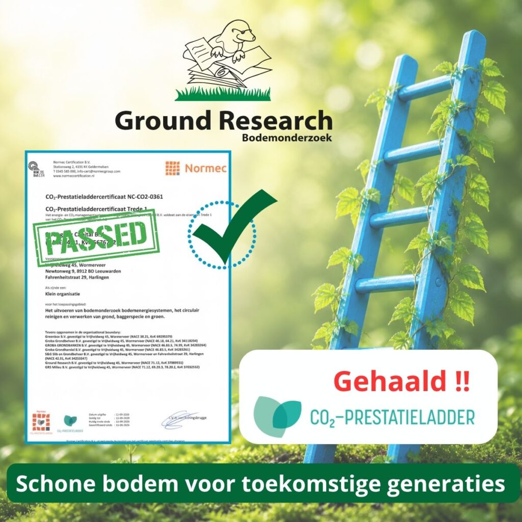 Ground Research heeft trede 1 van de CO₂-Prestatieladder 4.0 behaald. De afbeelding toont het certificaat en een groen vinkje als symbool voor de behaalde certificering.