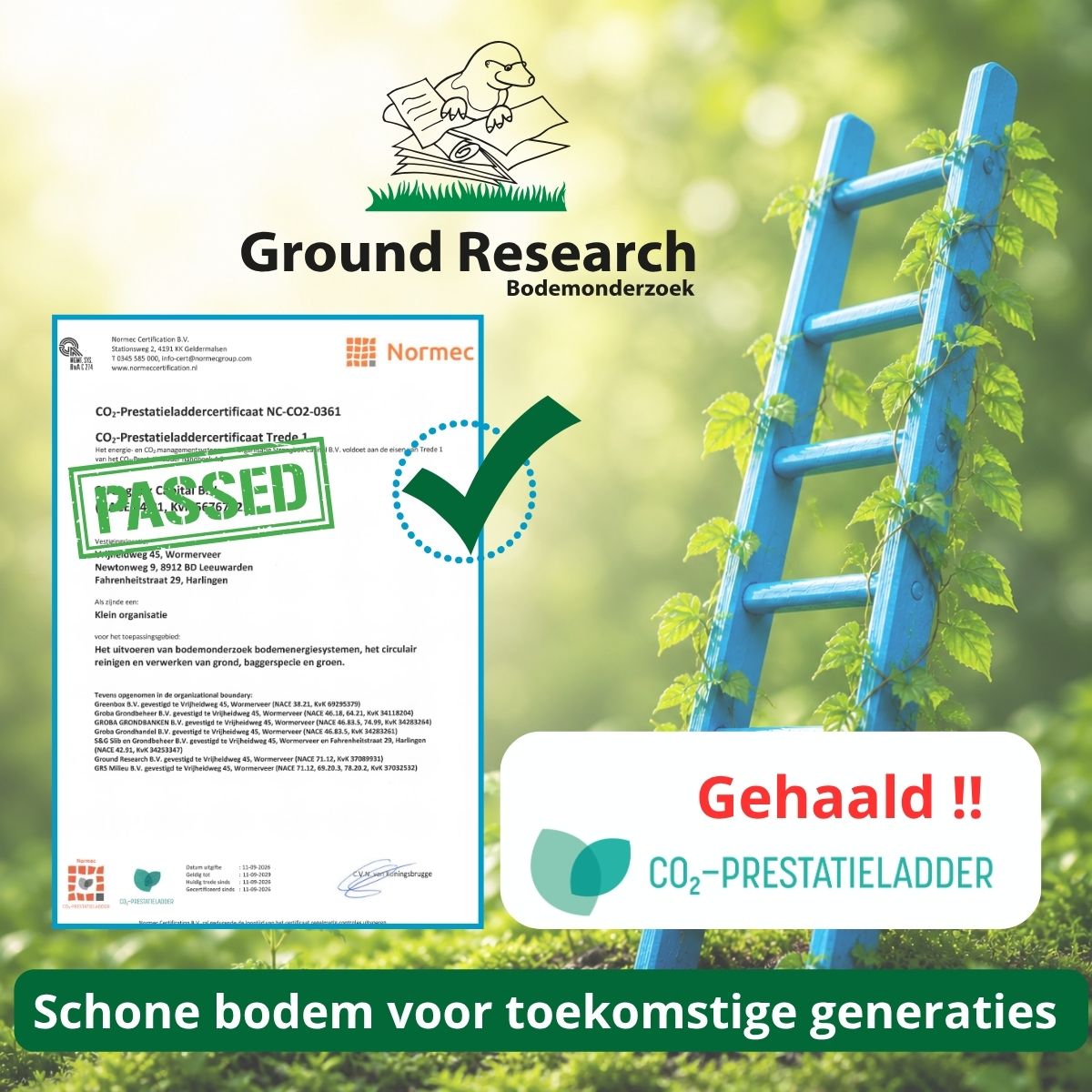 Ground Research heeft trede 1 van de CO₂-Prestatieladder 4.0 behaald. De afbeelding toont het certificaat en een groen vinkje als symbool voor de behaalde certificering.